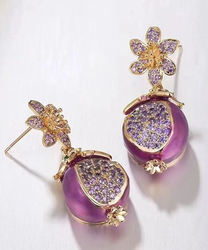 Boutique Purple Copper Zircon Drip Glaze Pomegranate Flower Drop Earrings WP015 JEW-EAR241112