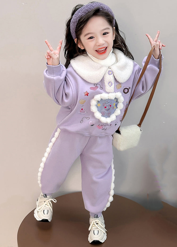 Boutique Purple Peter Pan Collar Print Kids Warm Fleece Sweatshirt And Harem Pants Two Pieces Set Winter TR037 ABC