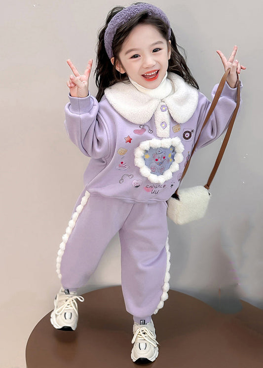 Boutique Purple Peter Pan Collar Print Kids Warm Fleece Sweatshirt And Harem Pants Two Pieces Set Winter TR037 ABC