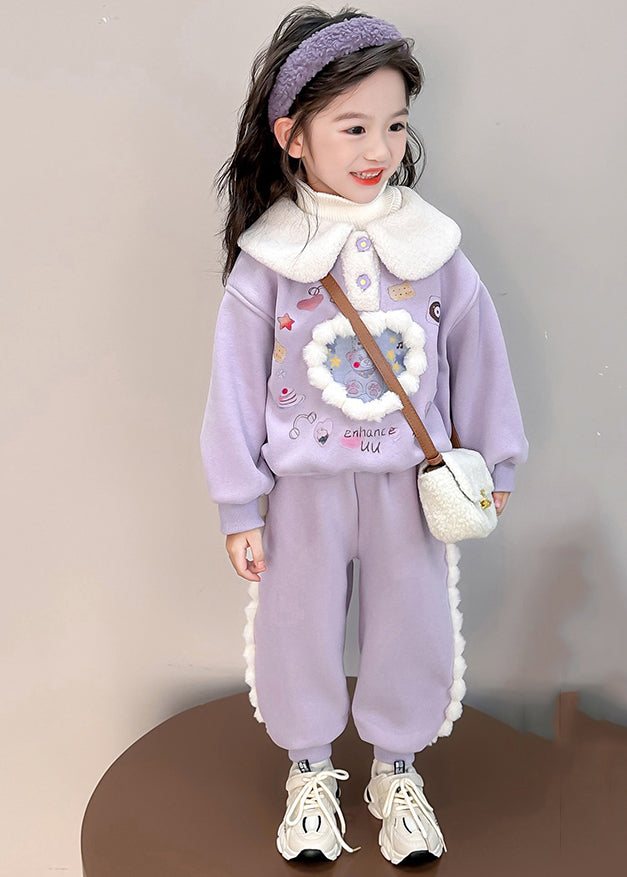 Boutique Purple Peter Pan Collar Print Kids Warm Fleece Sweatshirt And Harem Pants Two Pieces Set Winter TR037 ABC