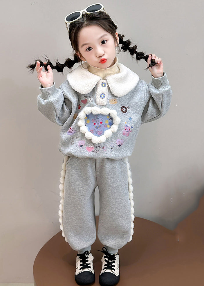 Boutique Purple Peter Pan Collar Print Kids Warm Fleece Sweatshirt And Harem Pants Two Pieces Set Winter TR037 ABC