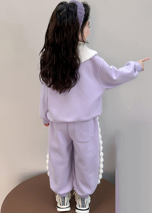 Boutique Purple Peter Pan Collar Print Kids Warm Fleece Sweatshirt And Harem Pants Two Pieces Set Winter TR037 ABC