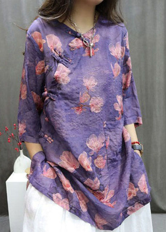 Boutique Purple Print Chinese Button Linen Shirt Summer AP085 GK-HTP240718