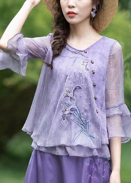 Boutique Purple Ruffled Embroidered Chiffon Blouse Tops Summer BV056 MZF-HTP240702