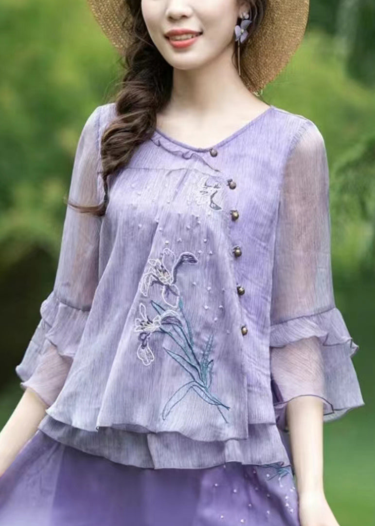 Boutique Purple Ruffled Embroidered Chiffon Blouse Tops Summer BV056 MZF-HTP240702