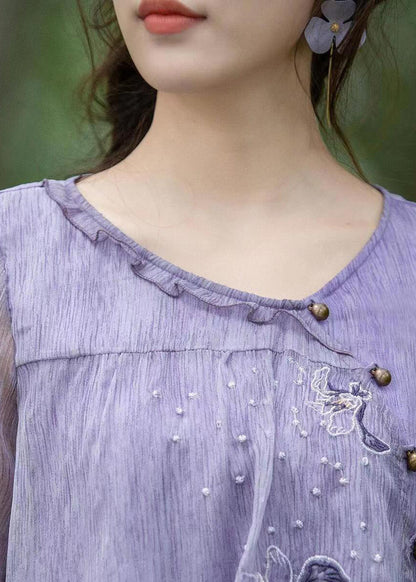 Boutique Purple Ruffled Embroidered Chiffon Blouse Tops Summer BV056 MZF-HTP240702