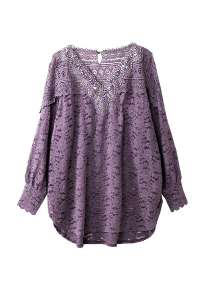 Boutique Purple V Neck Nail Bead Hollow Out Lace Top Spring RL018 ABC