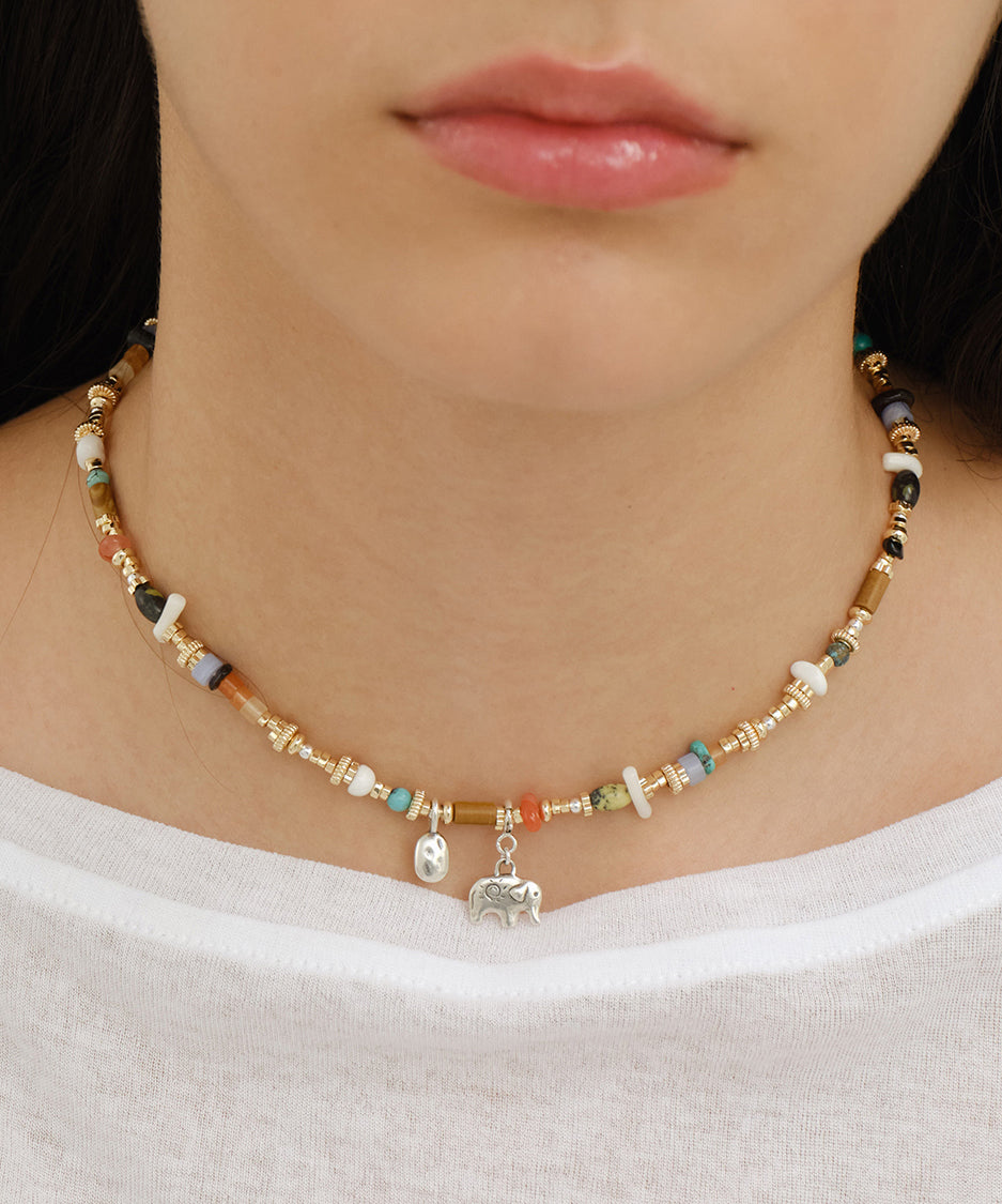 Boutique Rainbow Copper Overgild Turquoise Agate Beading Little Elephant Gratuated Bead Necklace QJ005 JEW-NLC241021