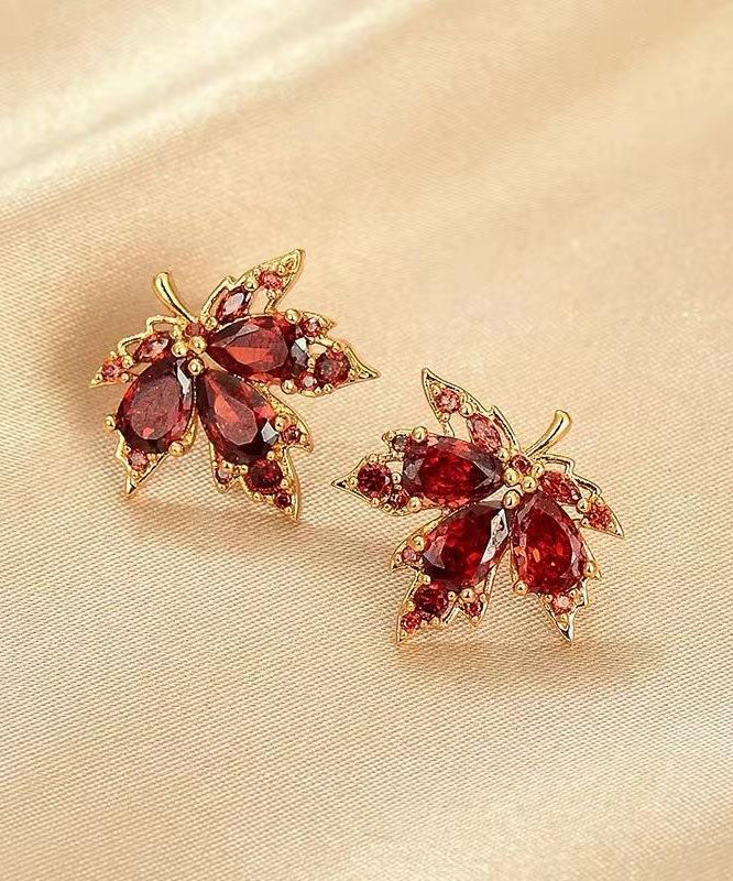 Boutique Red Alloy Zircon Maple Leaf Stud Earrings YA042 ABC