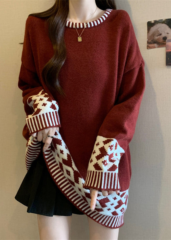 Boutique Red O Neck Jacquard Patchwork Knit Sweater Winter RG039 ABC