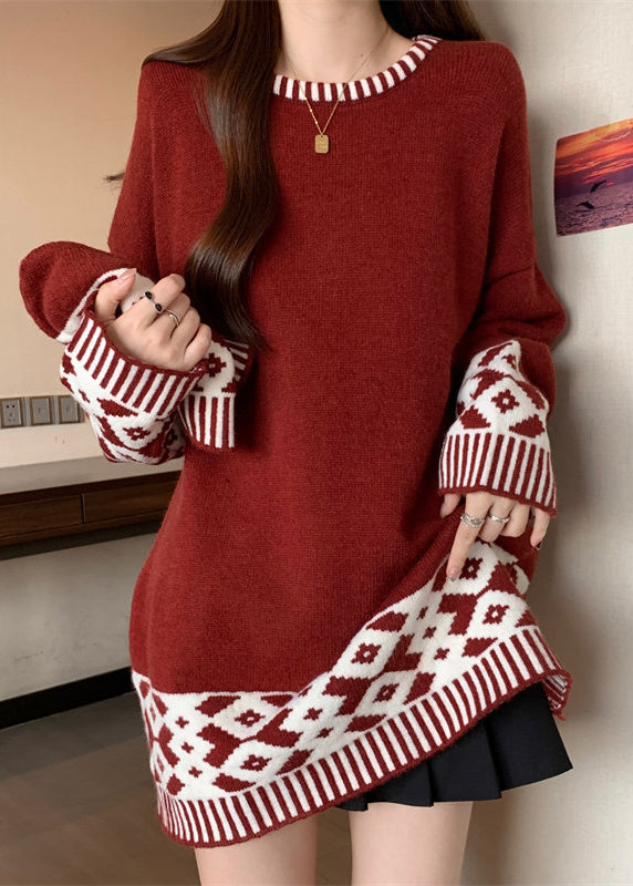 Boutique Red O Neck Jacquard Patchwork Knit Sweater Winter RG039 ABC