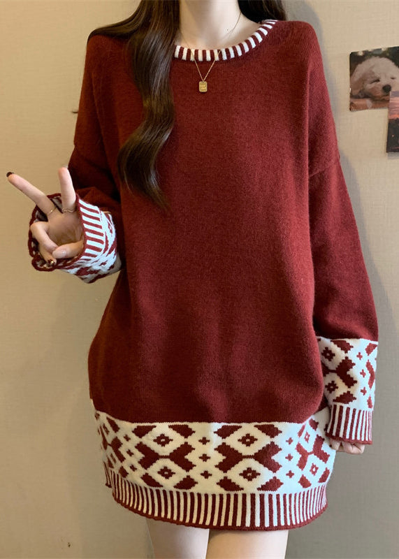 Boutique Red O Neck Jacquard Patchwork Knit Sweater Winter RG039 ABC