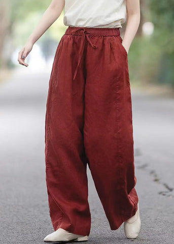 Pockets Elastic Pants Red Waist Summer Boutique Linen FashionChic