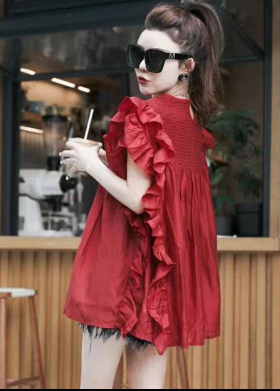 Boutique Red Ruffled Patchwork Chiffon Shirt Summer UU1013 SH-LF-STP240526