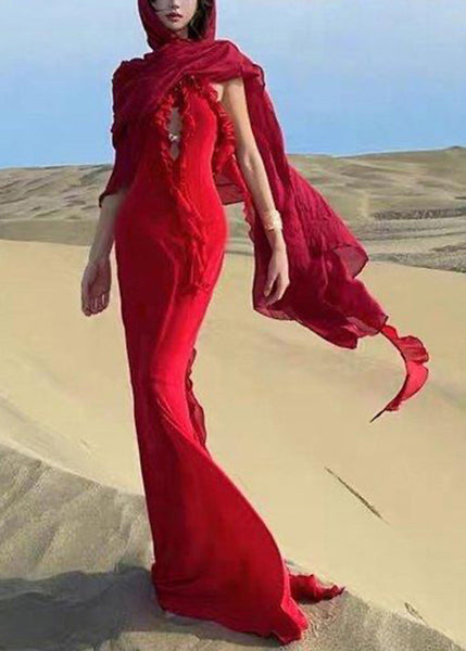 Dress Sexy Red Boutique Long Summer Backless Halter Ruffled FashionChic