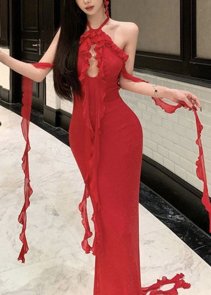 Dress Sexy Red Boutique Long Summer Backless Halter Ruffled FashionChic