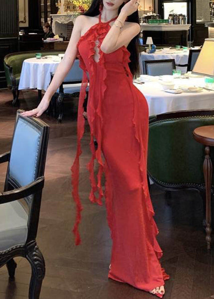 Dress Sexy Red Boutique Long Summer Backless Halter Ruffled FashionChic