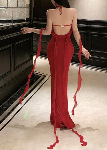 Dress Sexy Red Boutique Long Summer Backless Halter Ruffled FashionChic