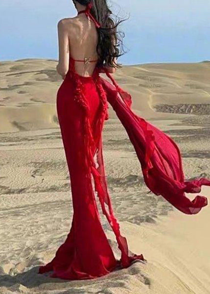 Dress Sexy Red Boutique Long Summer Backless Halter Ruffled FashionChic