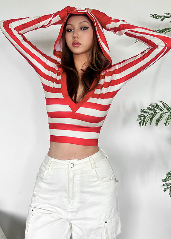 Boutique Red Striped V Neck Hooded Cotton T Shirt Tops Fall AL1076 Genistyle Shop