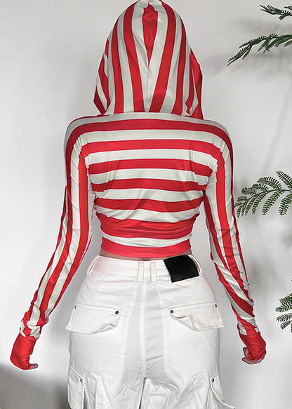 Boutique Red Striped V Neck Hooded Cotton T Shirt Tops Fall AL1076 Genistyle Shop