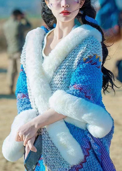 Boutique Rose Fur Collar Fuzzy Ball Patchwork Knit Shawl WP023 NZ-CTS241107