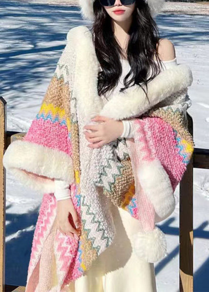 Boutique Rose Fur Collar Fuzzy Ball Patchwork Knit Shawl WP023 NZ-CTS241107