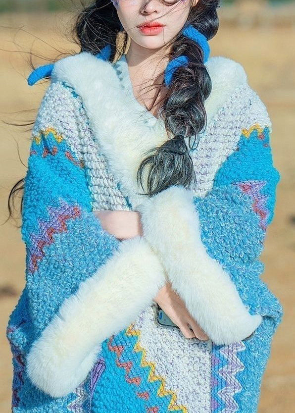 Boutique Rose Fur Collar Fuzzy Ball Patchwork Knit Shawl WP023 NZ-CTS241107