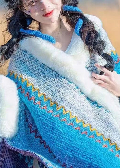 Boutique Rose Fur Collar Fuzzy Ball Patchwork Knit Shawl WP023 NZ-CTS241107