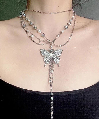 Boutique Silk Metal Butterfly Pearl Multilayer Tassel Lariat Necklace ZZ066 JEW-NLC240613