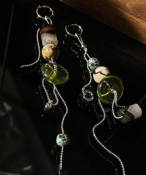 Boutique Silk Stainless Steel Asymmetrical Resin Natural Stone Tassel Drop Earrings II053 JEW-EAR240825