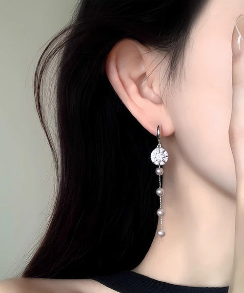 Boutique Zircon Drop Sterling Silk Silver Overgild Pearl Earrings FashionChic