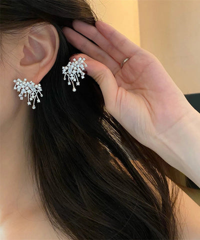 Silver Silk Snowflake Boutique Stud Earrings Sterling Zircon FashionChic