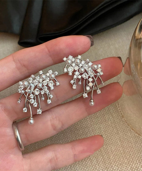 Silver Silk Snowflake Boutique Stud Earrings Sterling Zircon FashionChic