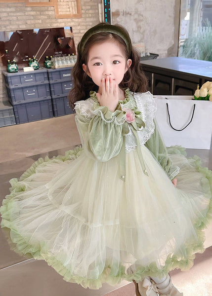 Robe longue pour fille en velours de soie patchwork vert, col montant, volants et tulle, manches évasées TG007