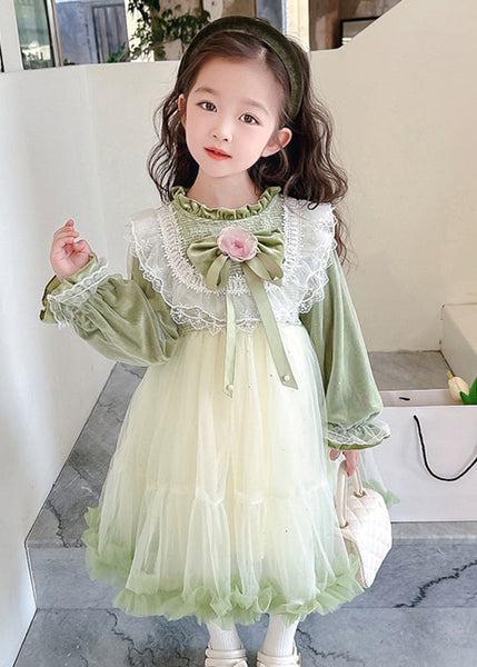 Robe longue pour fille en velours de soie patchwork vert, col montant, volants et tulle, manches évasées TG007