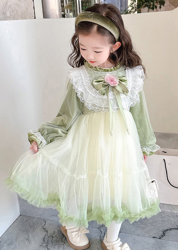 Boutique Silk Velour Patchwork Green Stand Collar Ruffled Tulle Girls Maxi Dress Flare Sleeve TG007