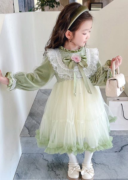 Robe longue pour fille en velours de soie patchwork vert, col montant, volants et tulle, manches évasées TG007