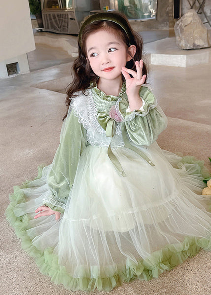 Robe longue pour fille en velours de soie patchwork vert, col montant, volants et tulle, manches évasées TG007