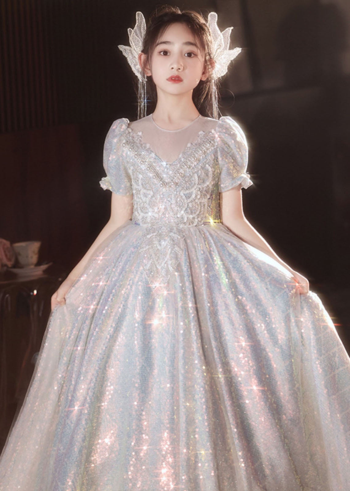 Boutique Silver Nail Bead Tulle Patchwork Girls Vacation Long Dresses Summer QV024 WS-JRTZSDGL241026