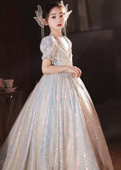 Boutique Silver Nail Bead Tulle Patchwork Girls Vacation Long Dresses Summer QV024 WS-JRTZSDGL241026