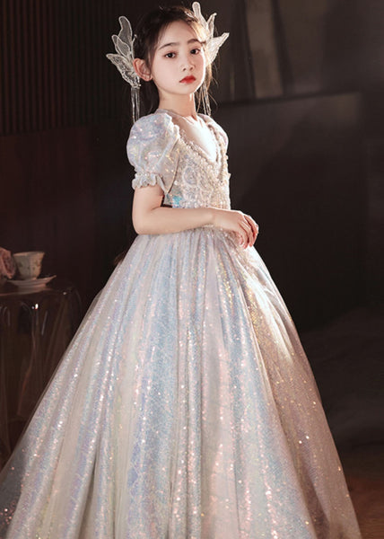 Boutique Silver Nail Bead Tulle Patchwork Girls Vacation Long Dresses Summer QV024 WS-JRTZSDGL241026