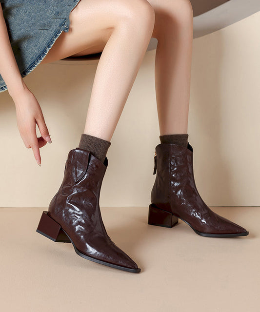 Boutique Splicing Chunky Boots Brown Cowhide Leather Pointed Toe RS013 ABC