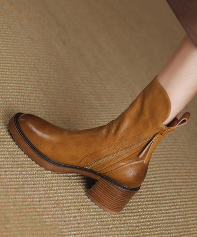 Splicing Leather Boots Cowhide Chunky Brown Boutique FashionChic