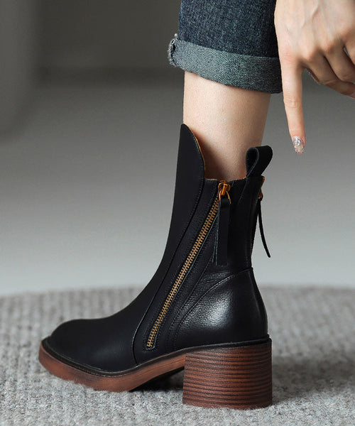 Splicing Leather Boots Cowhide Chunky Brown Boutique FashionChic