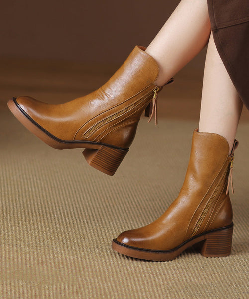 Splicing Leather Boots Cowhide Chunky Brown Boutique FashionChic