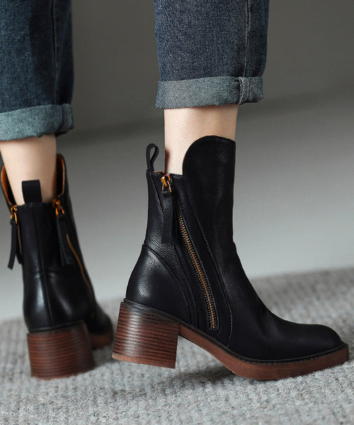 Splicing Leather Boots Cowhide Chunky Brown Boutique FashionChic