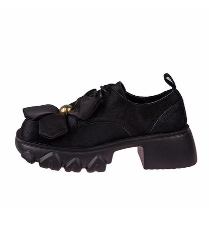 Boutique Splicing Chunky Loafers Black Ma Hai Mao Lace Up OM022 ABC
