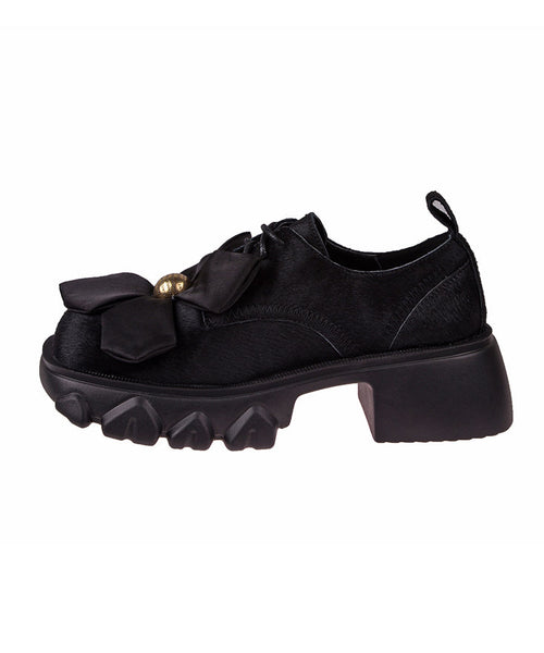 Boutique Splicing Chunky Loafers Black Ma Hai Mao Lace Up OM022 ABC