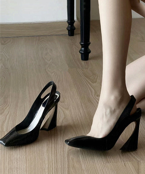 Sheepskin Sandals Heel Splicing High Boutique Black Toe Square FashionChic